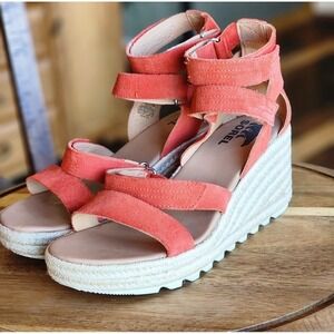 Sorel Cameron Espadrille Wedge Strappy Sandals Coral Suede Sz. 8.5 Boho Festival